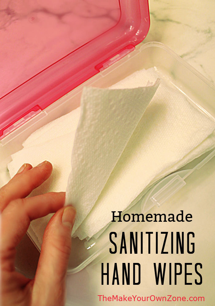 A box of homemade sanitizing hand wipes