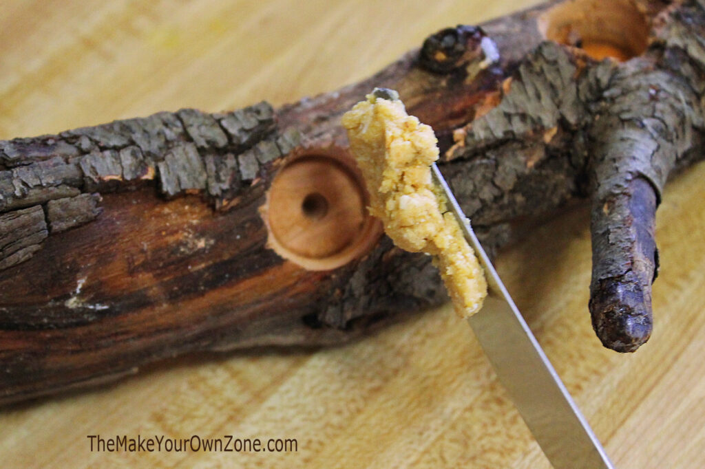 Filling a homemade log bird feeder with homemade bark butter