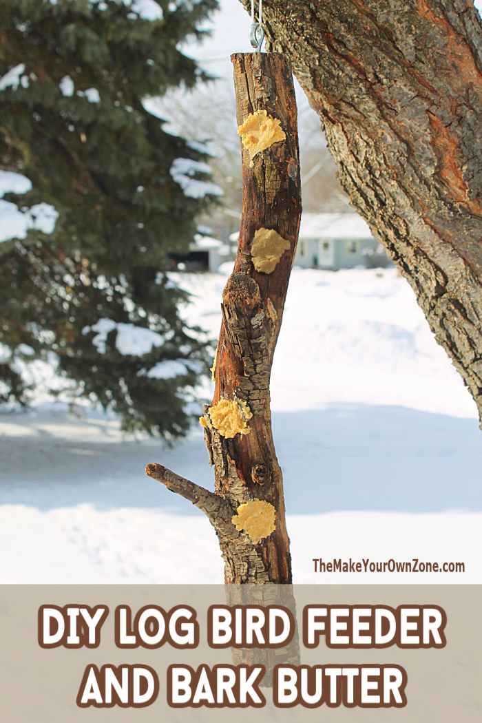 Homemade log bird feeder filled with homemade bark butter