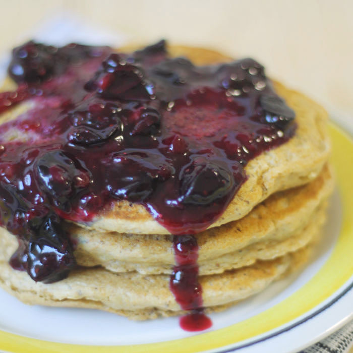 Homemade blueberry topping on pancakes