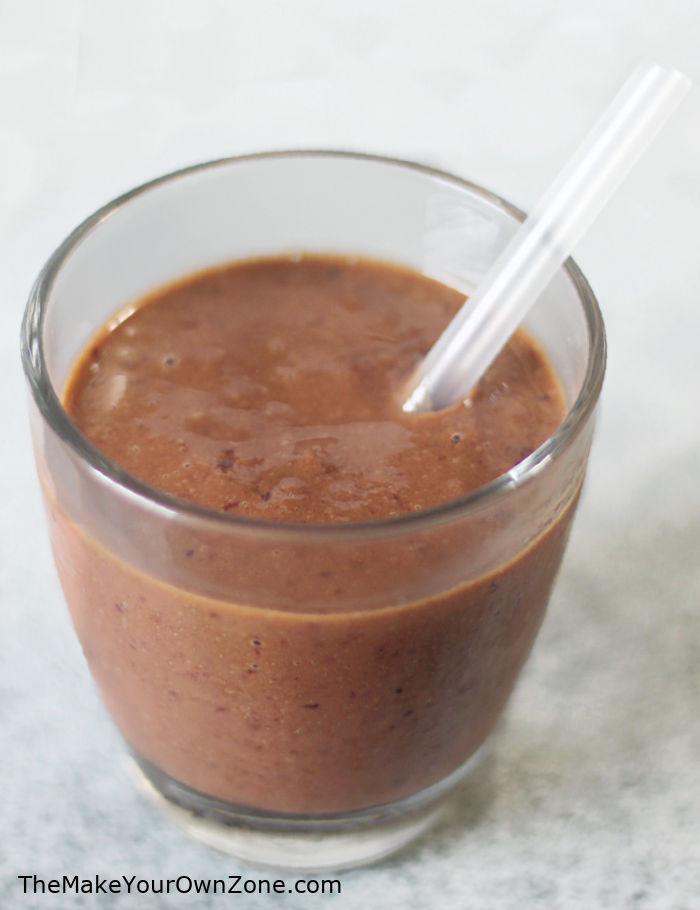 Black forest smoothie made with bananas, cocoa powder, and frozen sweet cherries