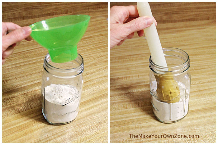 putting flour in a jar to make banana bread mix