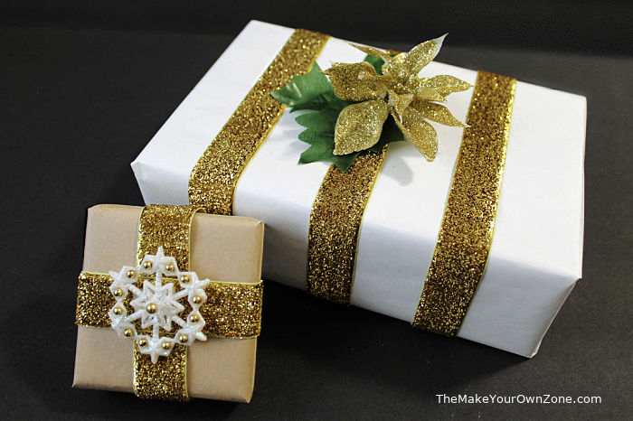 gift wrapped boxes decorated with dollar store embellishments