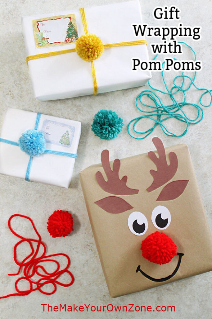 Pom poms on gift wrapped packages