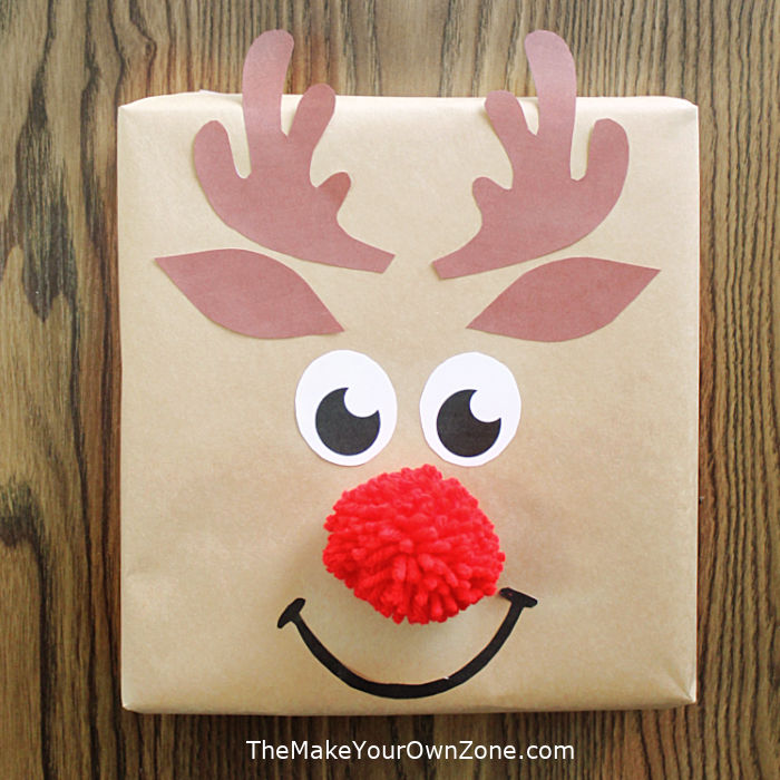 reindeer face on a gift wrapped package