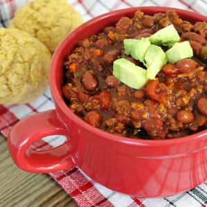 A bowl of plant based slow cooker chili