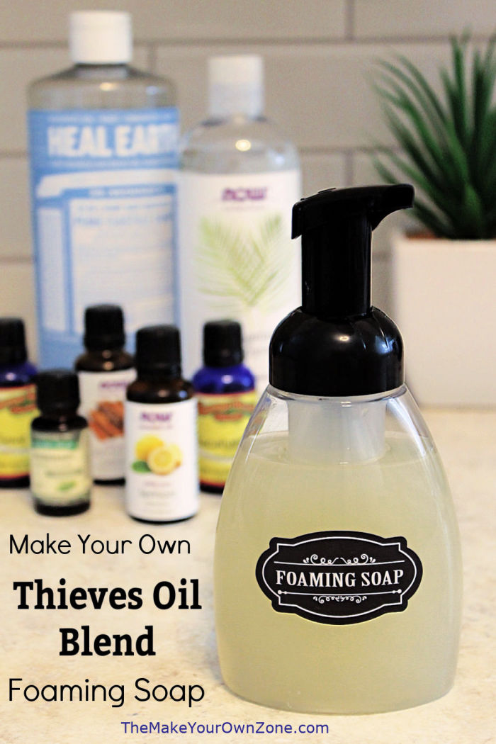 homemade foaming soap with a DIY thieves oil blend
