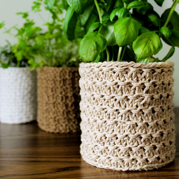 knit plant covers in three sizes