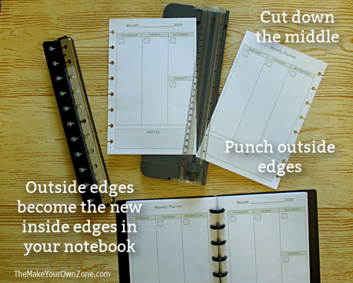 Cutting free printable planner pages to fit in an Arc junior notebook