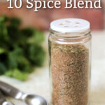 A homemade spice blend in a small glass jar.