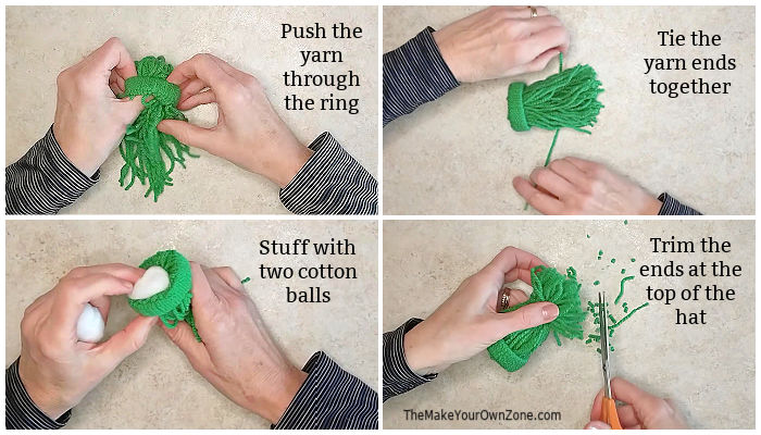 Steps for making a yarn hat for a pom pom gnome ornament