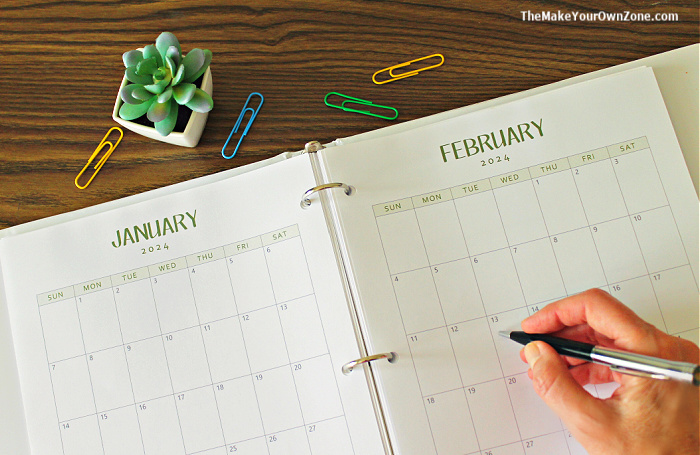 monthly printable calendars in a binder