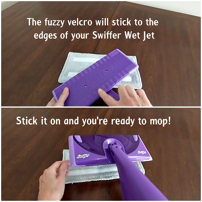 Putting a reusable swiffer pad on a wet jet mop