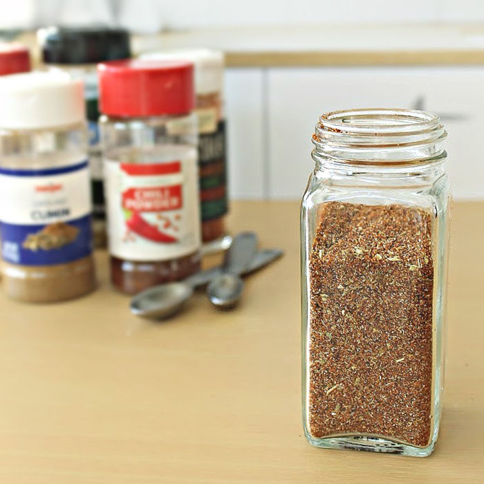 A jar of homemade chili seasoning spice mix