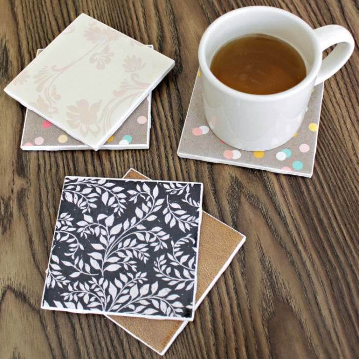homemade tiles coasters made with scrapbook paper.