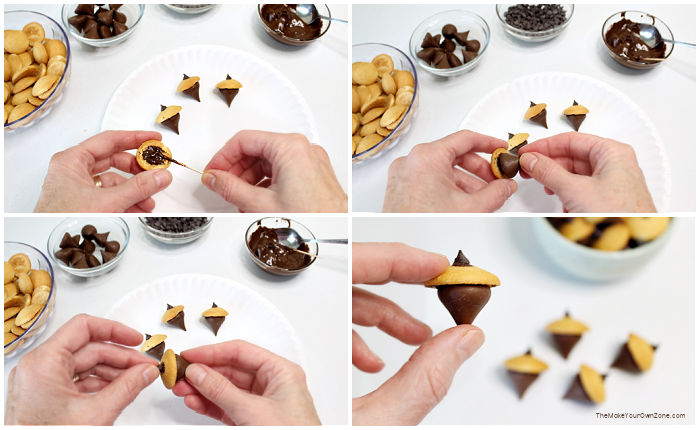 Steps to assemble candy acorns from chocolate kisses and vanilla wafers