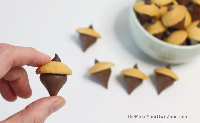 Acorn candies made with a Hershey Kiss and Vanilla Wafer