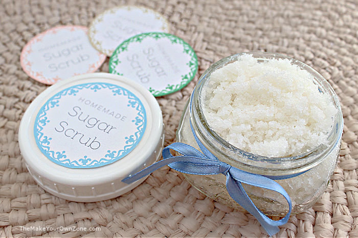 A jar of homemade sugar scrub with printable labels