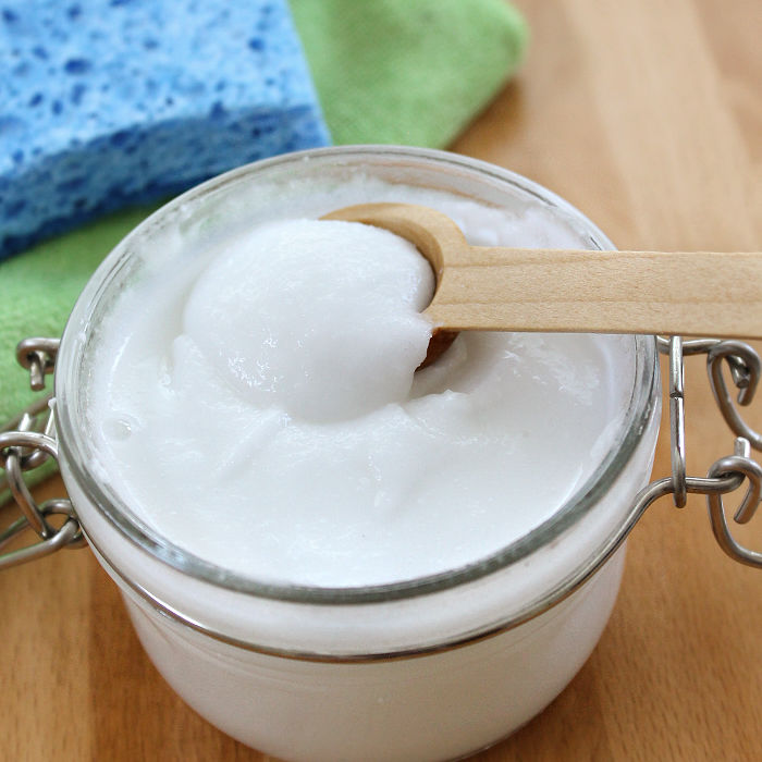 A jar of homemade soft scrub with borax